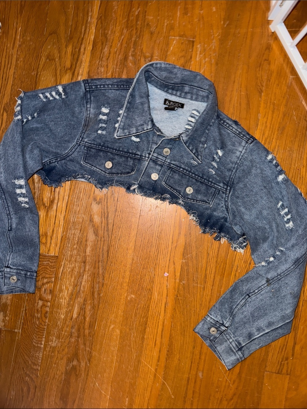 K. ROLX Distressed SUPER! Mini Cropped Denim Jacket - Washed distressed cardi b